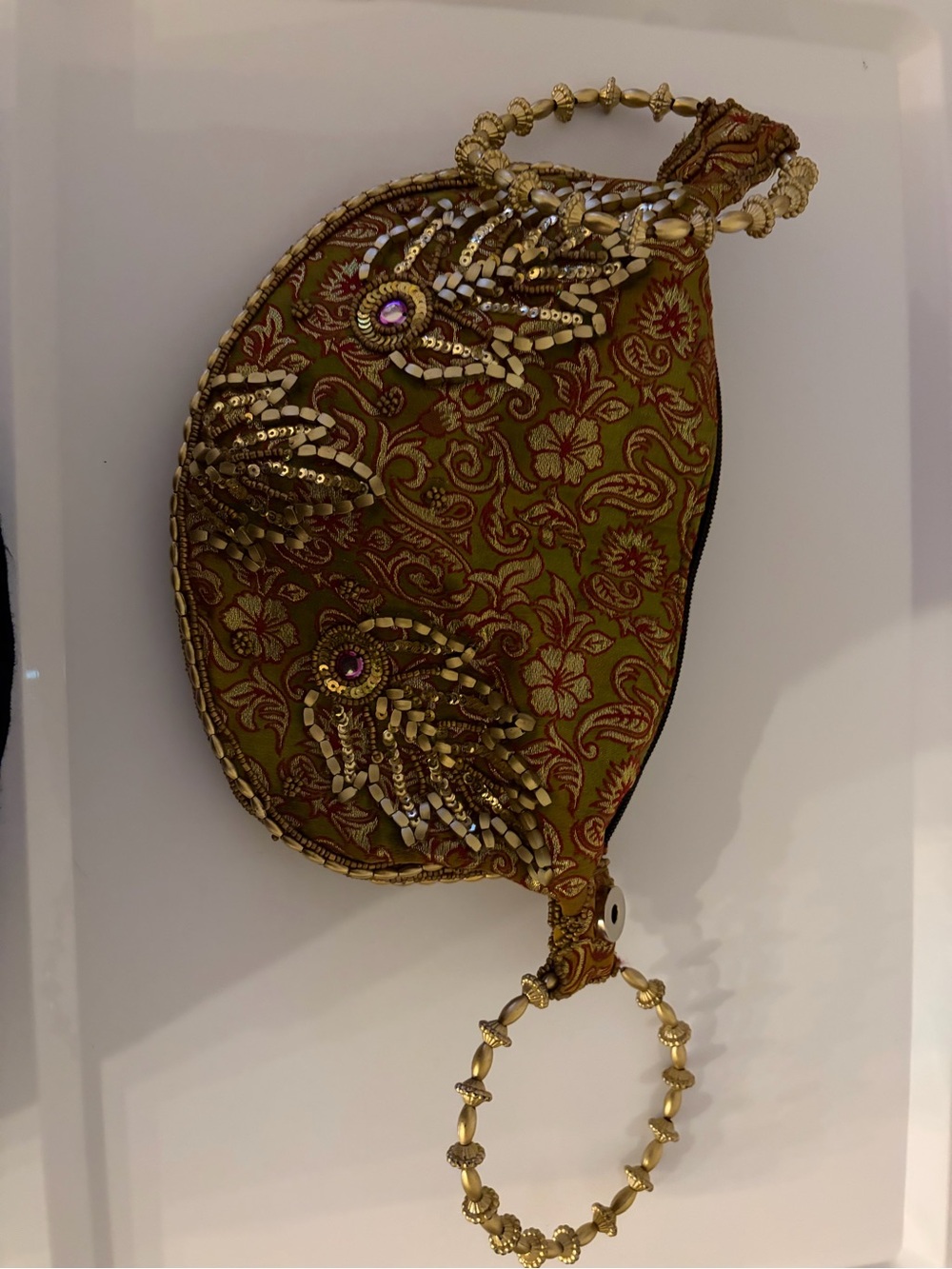 Gold-Embellished Olive Floral Beaded Fortune Cookie Wristlet Clutch